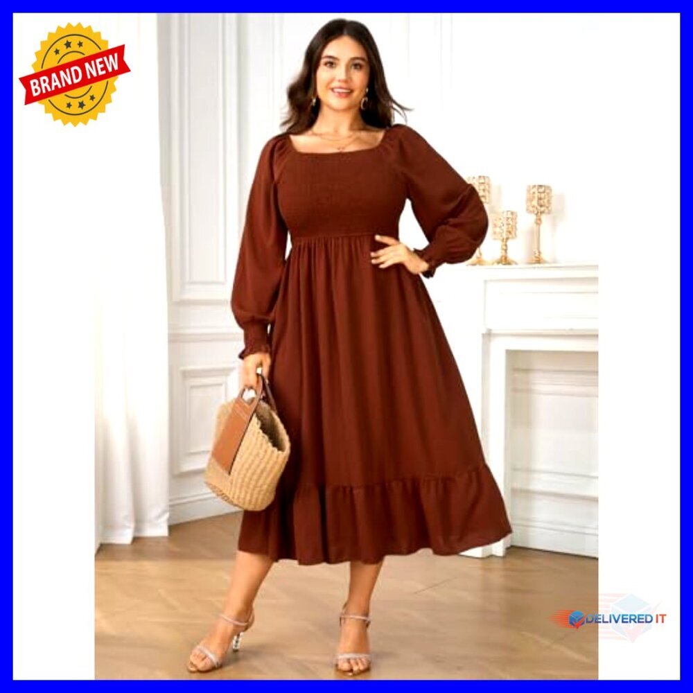 Plus Size Maxi Dress Long Sleeve Square Neck Smocked Ruffle Swing Flowy - Picture 2 of 7